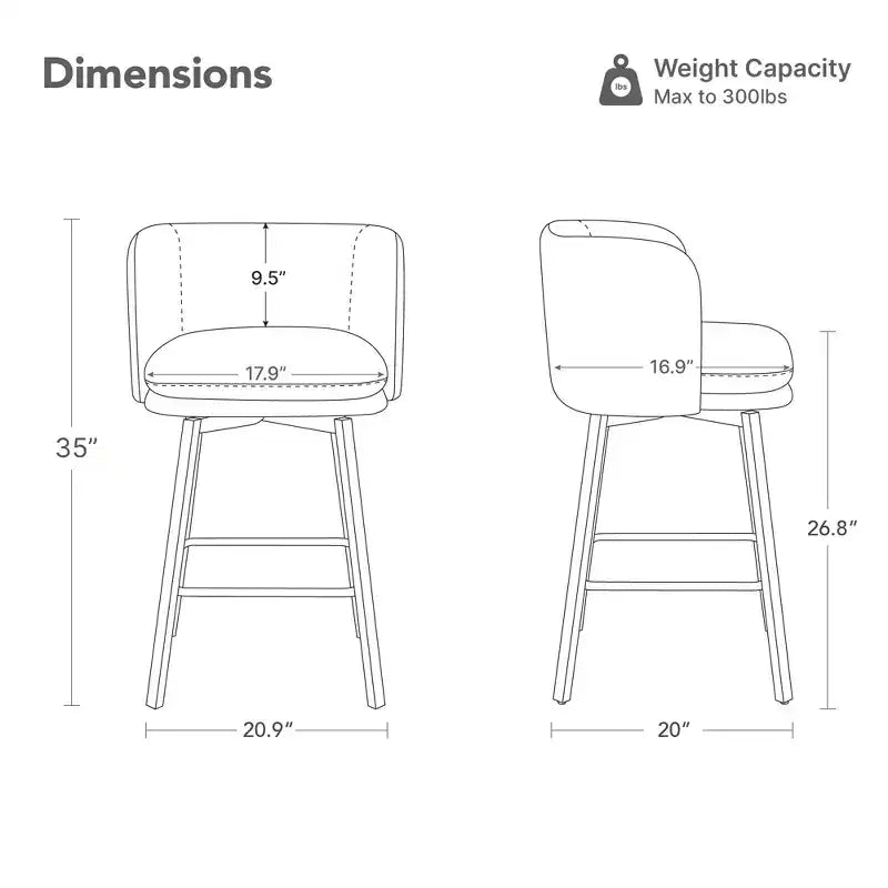 Tabouret de comptoir pivotant Spruce&Spring avec dossier incurvé, assise double épaisseur et piètement en métal