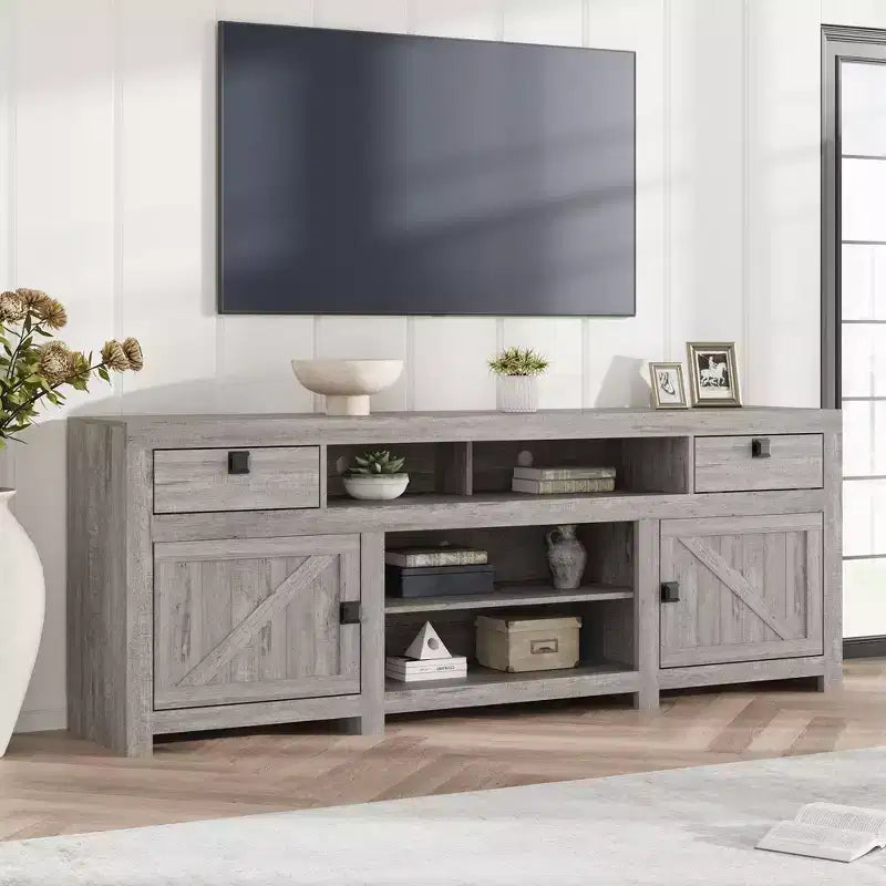 Meuble TV de ferme pour téléviseurs de 75/80 pouces, meuble de divertissement avec tiroirs de rangement et étagère ouverte, meuble console TV pour salon, chambre à coucher