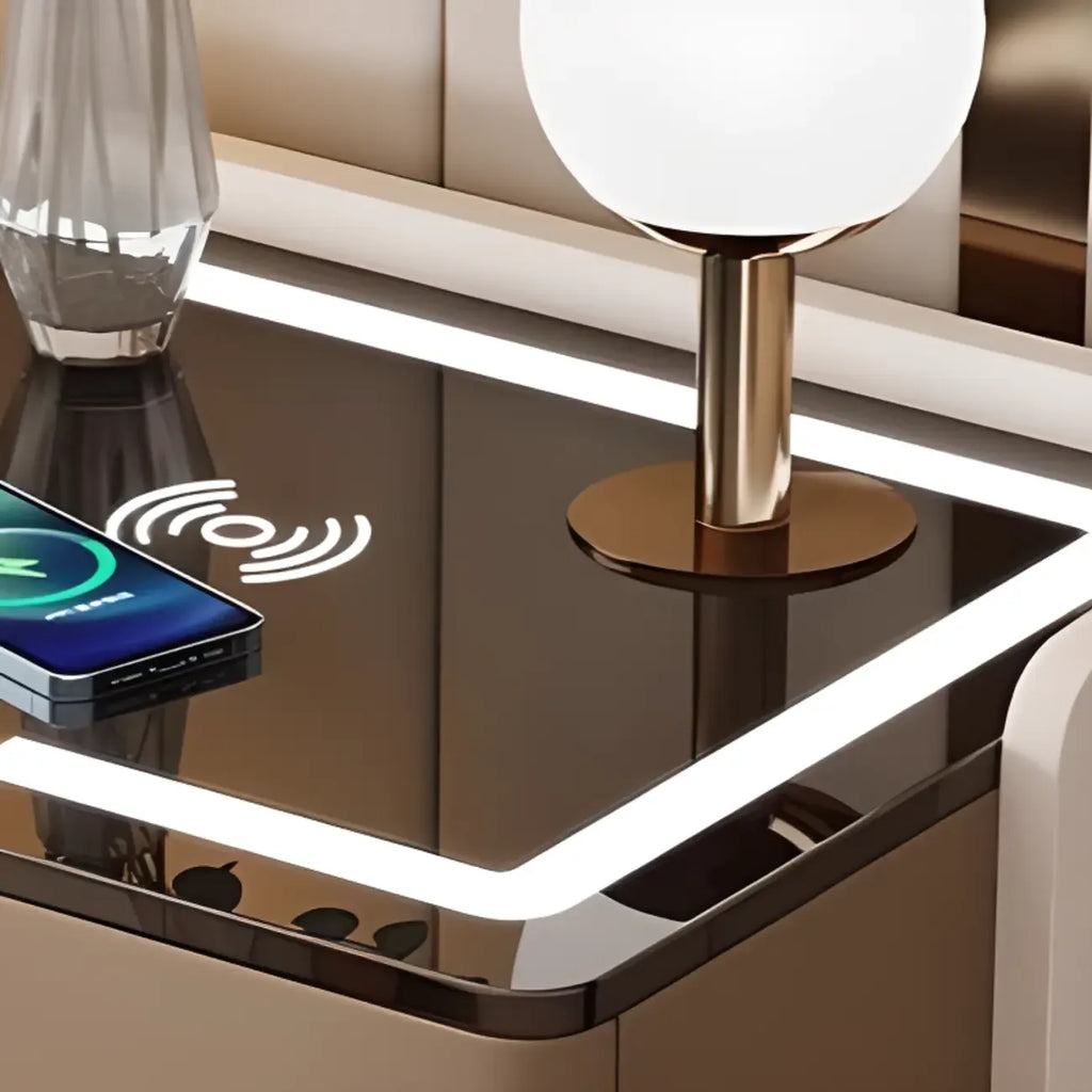Table de chevet avec rangement à tiroirs, recharge sans fil et éclairage LED