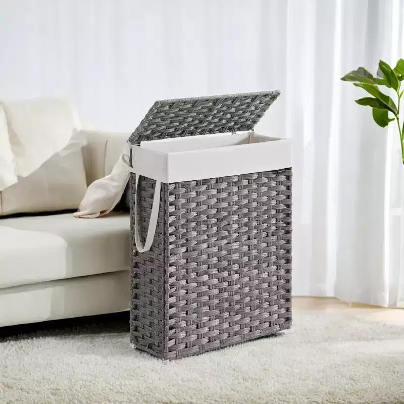 Panier à linge fin de 55 litres avec couvercle, en rotin, pliable, avec couvercle et poignées, doublure amovible
