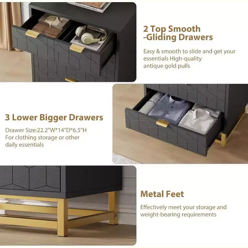 Commode de rangement moderne Acekool à 5 tiroirs avec poignées métalliques pour chambre, salon ou entrée - Blanc avec pieds en métal doré