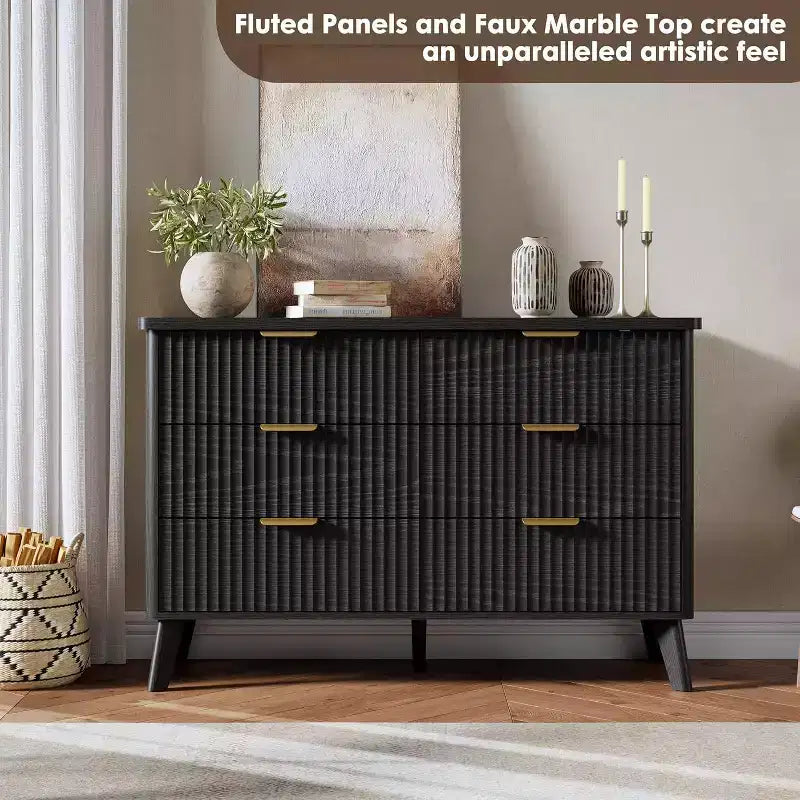 Commode 6 tiroirs pour chambre à coucher, commode de 120 cm de large avec profil incurvé, tiroirs en bois cannelé, commode moderne pour salon