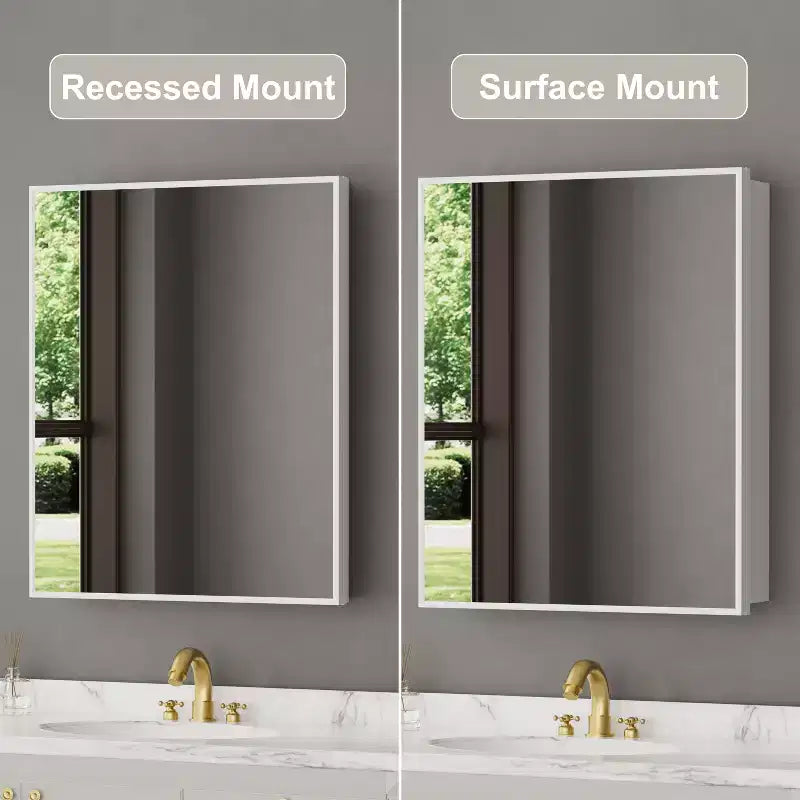 Armoire à pharmacie Elise avec miroir, armoire de salle de bain à montage en surface ou encastré, étagères réglables en verre trempé, réversible