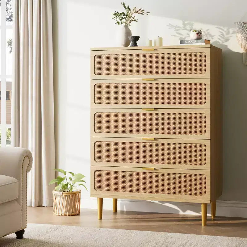 Commode à 5 tiroirs en rotin GustoWave pour chambre à coucher, commode haute avec tiroirs profonds, grande commode pour placard avec plateau large, longue commode en bois