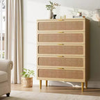 Commode à 5 tiroirs en rotin GustoWave pour chambre à coucher, commode haute avec tiroirs profonds, grande commode pour placard avec plateau large, longue commode en bois
