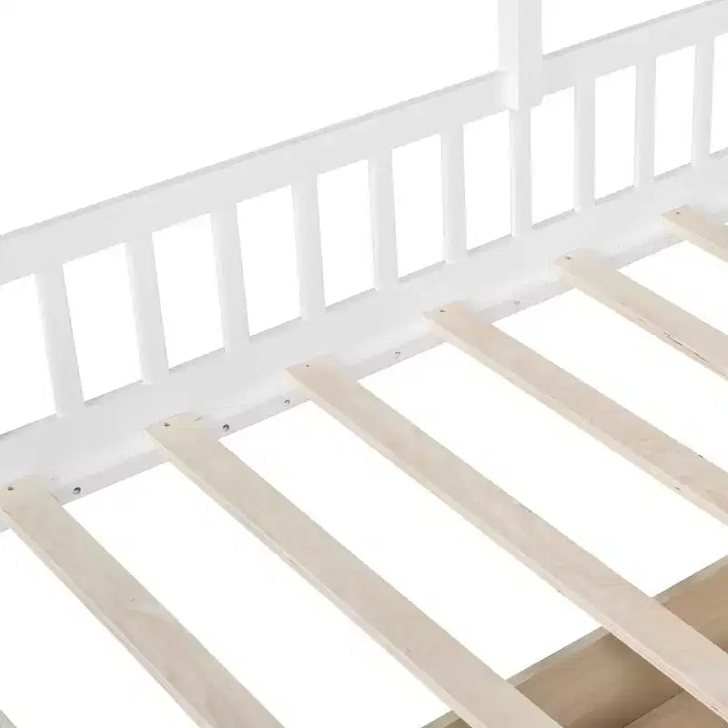 Lit cabane MAYEERTY pour enfant avec canapé, plateforme, deux tiroirs et étagère de rangement, blanc