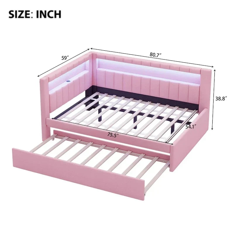 Lit plateforme rembourré avec ports USB et éclairage LED - Cadre de lit double/simple avec 2 tiroirs de rangement - Chambre à coucher moderne