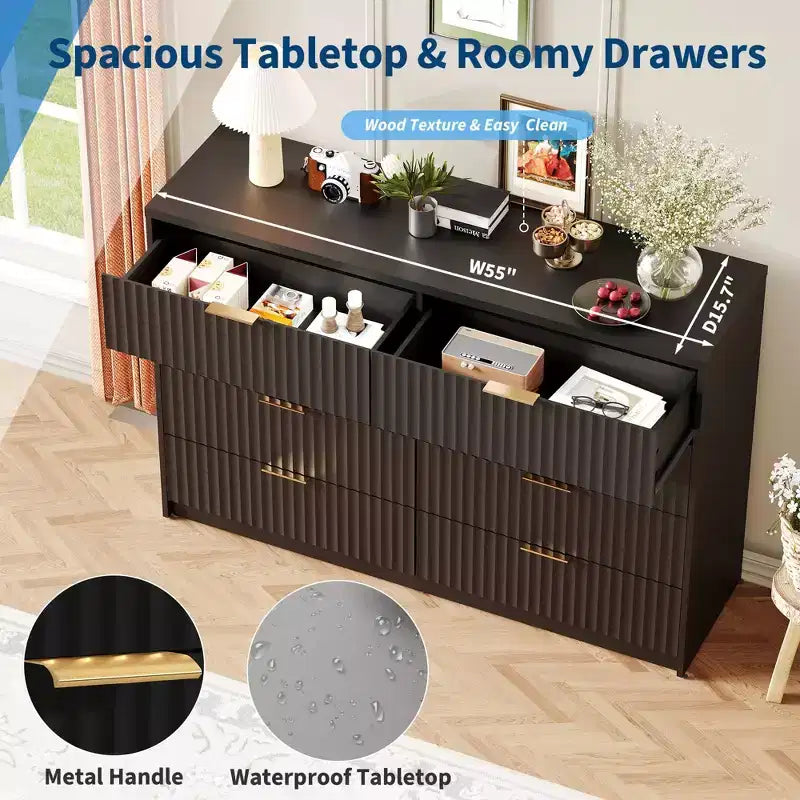 COZONY Commode cannelée à 8/9 tiroirs - Grand meuble de rangement en bois avec poignées métalliques et dispositif anti-basculement pour chambre à coucher, salon, couloir
