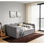 Bellemave Lit de repos double à carreaux vichy avec port USB et lit gigogne coulissant, Cadre de lit en forme de vague pour chambre et salon.