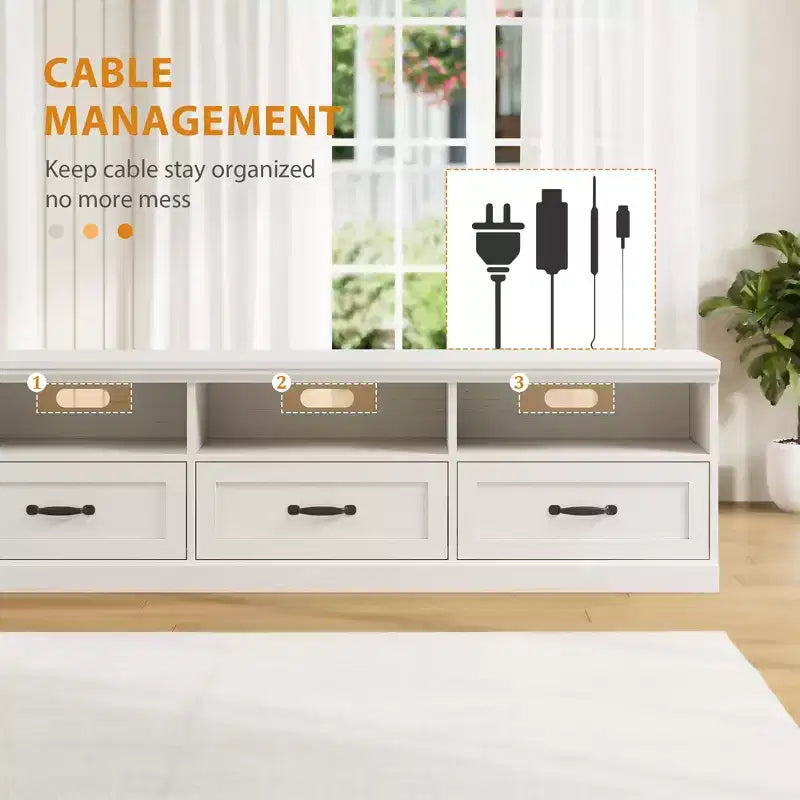 Meuble TV 70 pouces pour téléviseurs jusqu'à 80 pouces, meuble de divertissement moderne du milieu du siècle avec tiroir, meuble TV console média pour salon, chambre à coucher