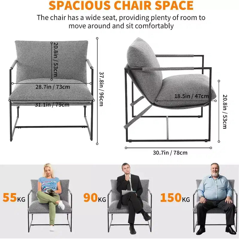 Fauteuil d'appoint suspendu pour salon, fauteuil douillet moderne à cadre métallique, chaises rembourrées avec coussin en mousse déchiquetée, chaise longue
