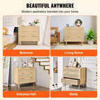 Commode 3 tiroirs en rotin VEVOR, Commode de placard en rotin naturel avec 3 tiroirs, Organisateur et rangement de vêtements de poitrine en bois moderne de style bohème, Couleur bois