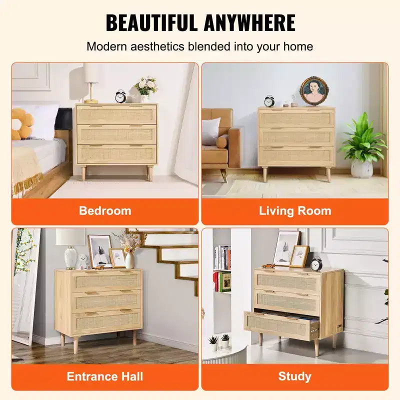 Commode 3 tiroirs en rotin VEVOR, Commode de placard en rotin naturel avec 3 tiroirs, Organisateur et rangement de vêtements de poitrine en bois moderne de style bohème, Couleur bois