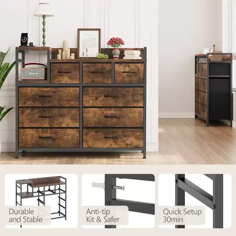 COZONY Commode de rangement à 9 tiroirs de 86,4 cm de haut et meuble TV, Tour de rangement en tissu, Rangement à cadre en acier robuste pour le salon, utilisation dans les petits espaces