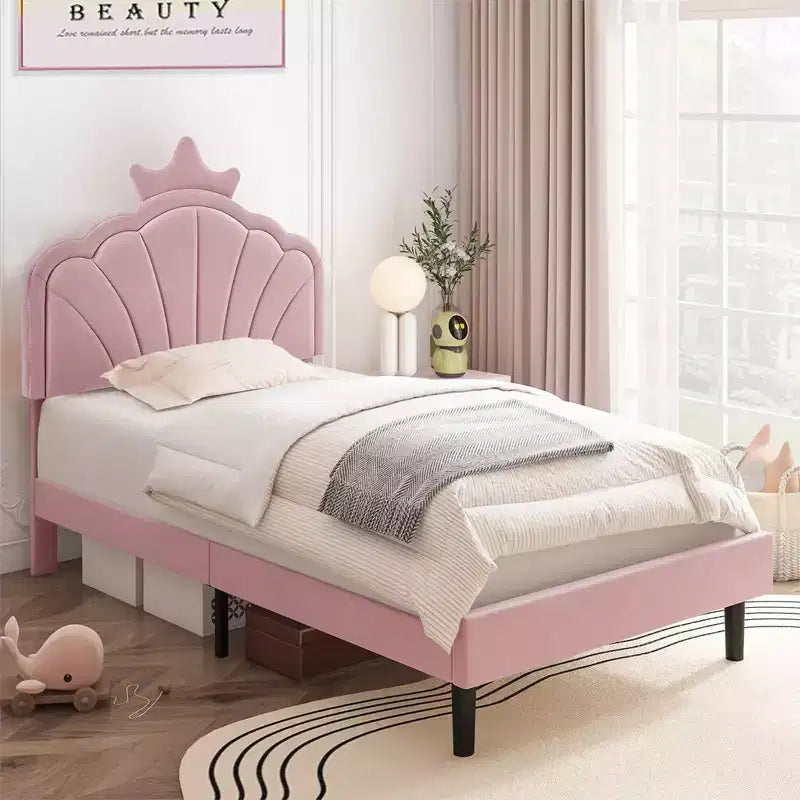 Cadre de lit enfant capitonné VECELO en forme de couronne, lit plateforme en bois avec tête de lit réglable, pas besoin de sommier tapissier