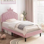 Cadre de lit enfant capitonné VECELO en forme de couronne, lit plateforme en bois avec tête de lit réglable, pas besoin de sommier tapissier