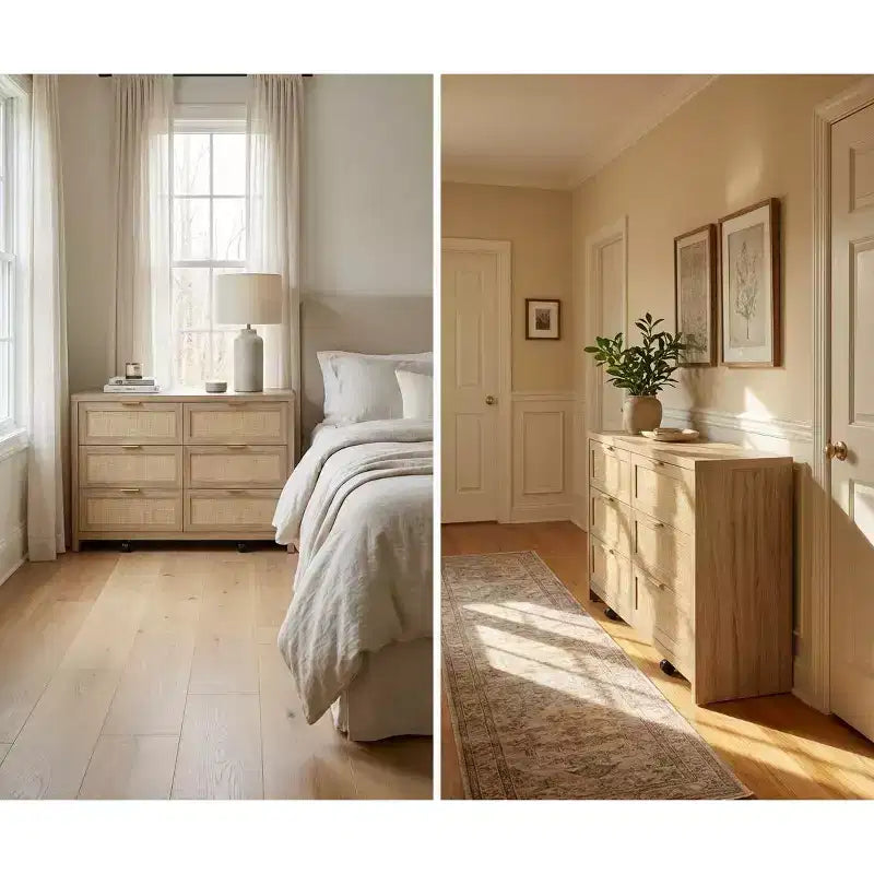 Commode à 6 tiroirs avec façade en rotin, 144 cm de large, Commode à 3 tiroirs avec roulettes, Armoire de rangement en bois épais et robuste pour chambre à coucher, salon