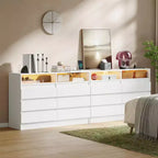 Commode 6 tiroirs, commode LED blanche avec station de charge, fixations murales incluses, bande lumineuse réglable 6 couleurs, convient pour chambre à coucher, salon