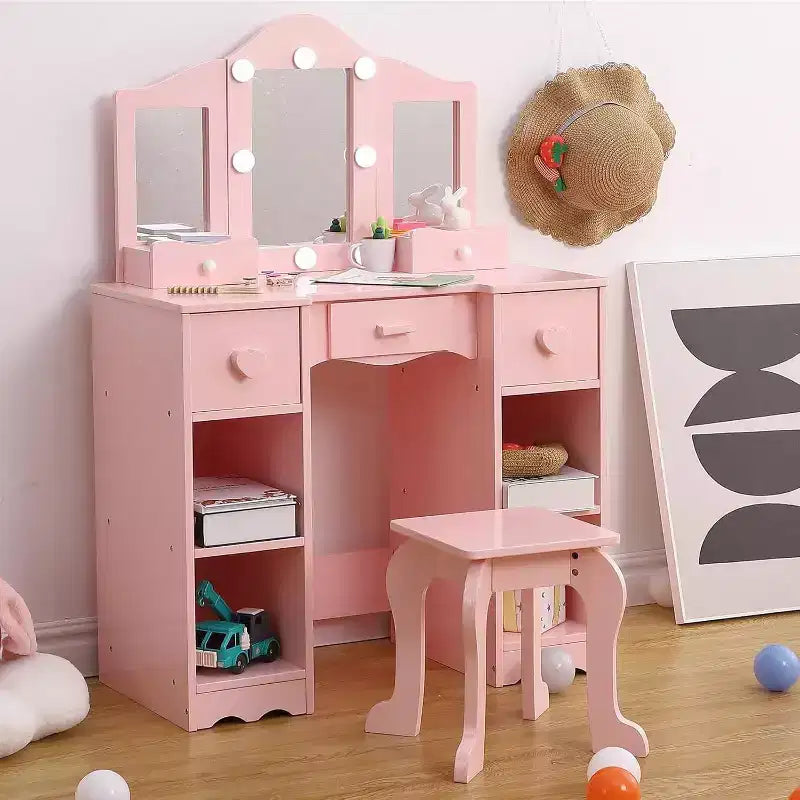 Table de toilette 2-en-1, ensemble table et chaise de coiffeuse pour enfants, coiffeuse en bois pour princesse, table de maquillage de jeu de rôle pour princesse