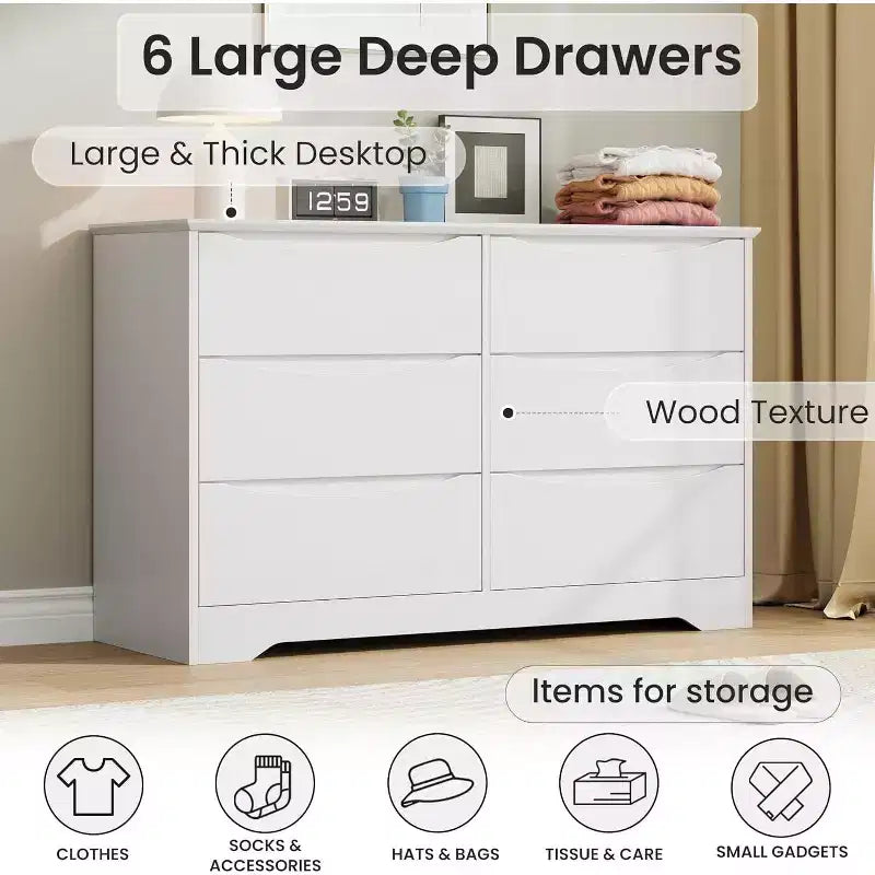 Commode en bois avec 6 tiroirs, commode de rangement longue, meuble de rangement moderne, pour chambre à coucher, salon