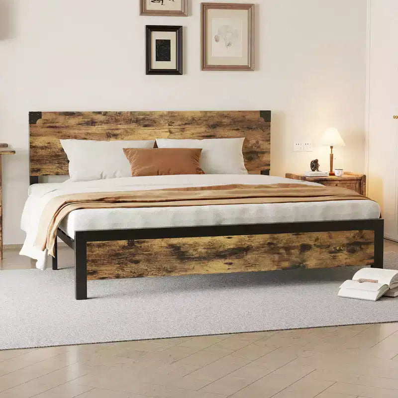 Cadre de lit avec rangement sous le lit, lit plateforme en métal avec tête de lit en bois, aucun sommier tapissier requis