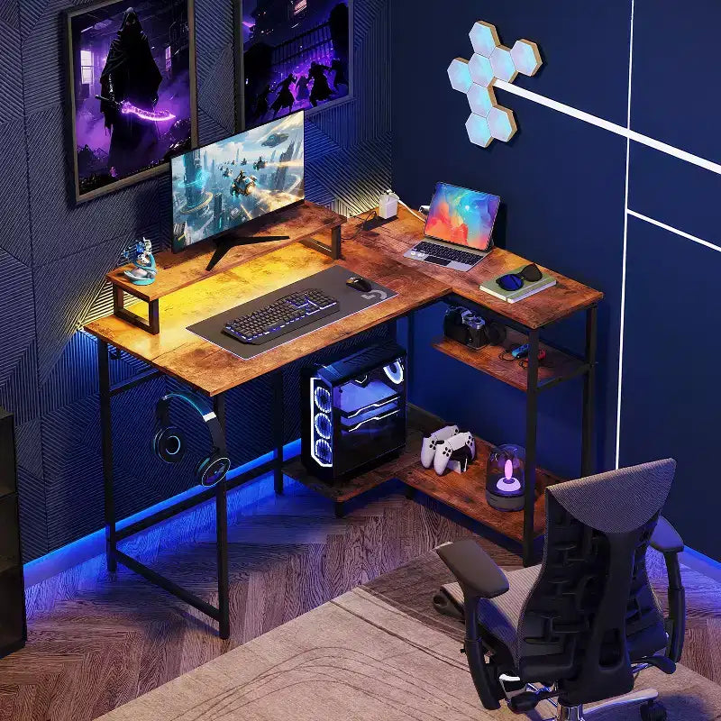 Bureau de jeu GALAXHERO 43 pouces en L, petit bureau d'angle pour ordinateur avec prises de courant, lumières LED et support d'écran, bureau pour chambre