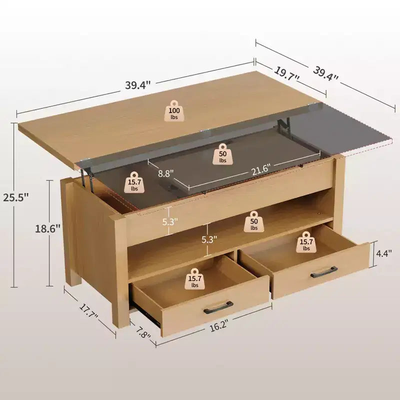 Table basse relevable Coolmee 40, table basse convertible multifonctionnelle avec tiroirs et compartiment caché, se transforme en table à manger