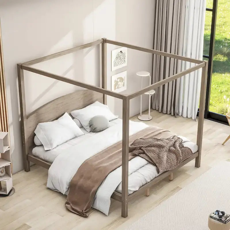Lit plateforme à baldaquin King Size en pin avec tête de lit classique en bois, cadre de lit rembourré, aucun sommier tapissier requis, montage facile