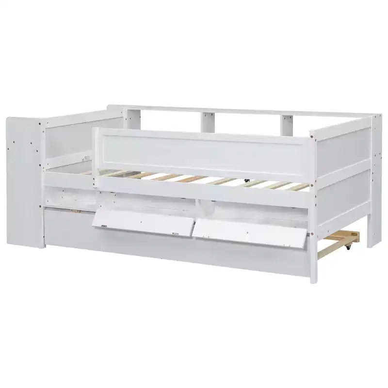 Lit de jour multifonctionnel double avec tiroirs et lit gigogne, rangement intégré à la tête de lit, table et station de recharge USB ModernLuxe