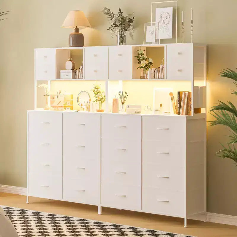 Commode de chambre, commode en tissu à 12 tiroirs, étagères ouvertes, plateau en bois et cadre en métal pour chambre à coucher, couloir ou salon