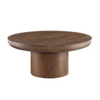 Table basse ronde Okak 36L pour salon, plateau en placage bois, table d'appoint pour canapé avec pied cylindrique pour petit espace bureau à domicile