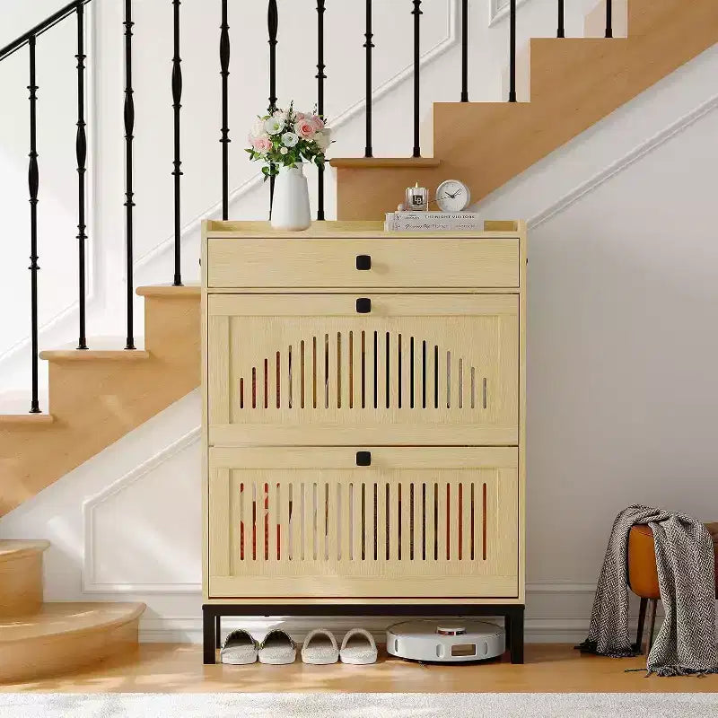 Meuble à chaussures moderne avec 2 tiroirs basculants et grand tiroir, organisateur de chaussures en bois avec étagère réglable, rangement à chaussures caché pour entrée, salon