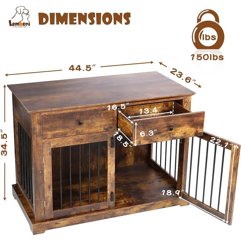 BOSSIN Cage pour Grand Chien de 112 cm, Meuble de Chenil en Bois avec Tiroirs de Rangement, Niche Décorative pour Animaux de Compagnie