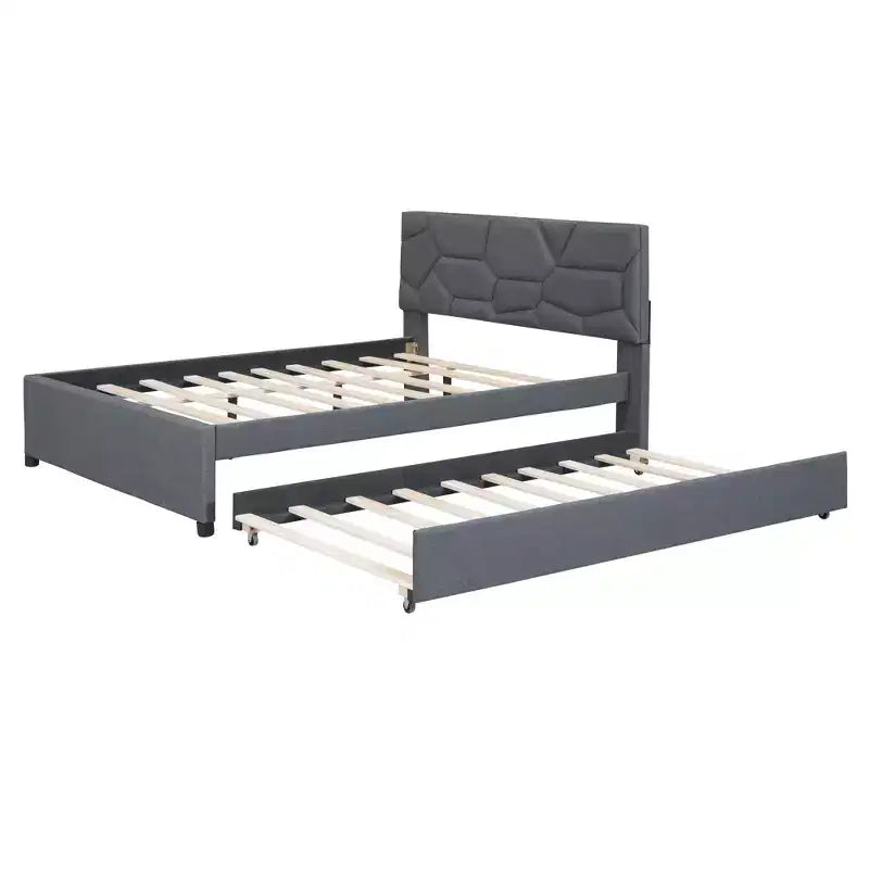 Lit capitonné en lin de luxe avec tête de lit en briques élégante et lit gigogne double XL - L'essentiel de la chambre à coucher de rêve
