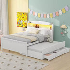 Cadre de lit plateforme double/grand avec tête de lit LED de rangement, lit gigogne double et 3 tiroirs, blanc-ModernLuxe
