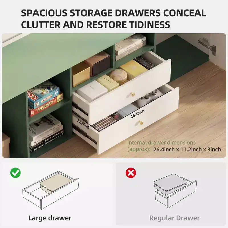 Meuble TV moderne Gaoyangjiaju 78,7 pouces, bloc de couleurs, pour téléviseur de 85 pouces, console média avec tiroirs et armoire de rangement pour salon, vert et blanc