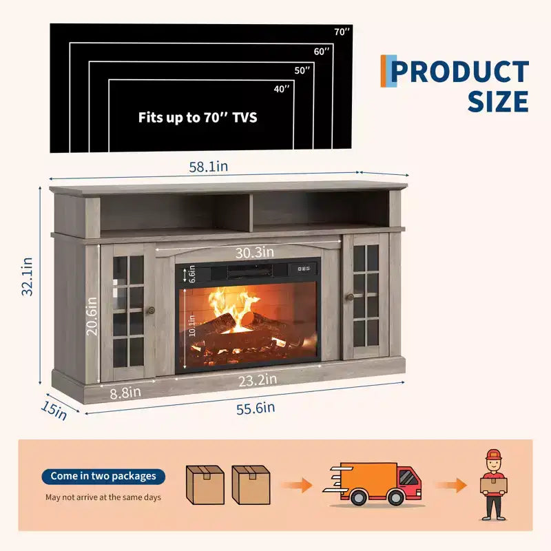 Meuble TV compatible 70 pouces, Console multimédia 58 pouces, Meuble TV moderne effet bois avec lumières LED, Rangement avec portes en verre et étagères réglables