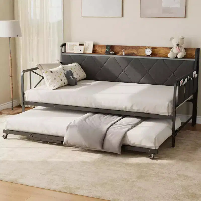 Lit de repos avec lit gigogne et lumière LED, cadre de lit double avec tête de lit rembourrée et station de charge, cadre de lit de repos en métal ou pour salon