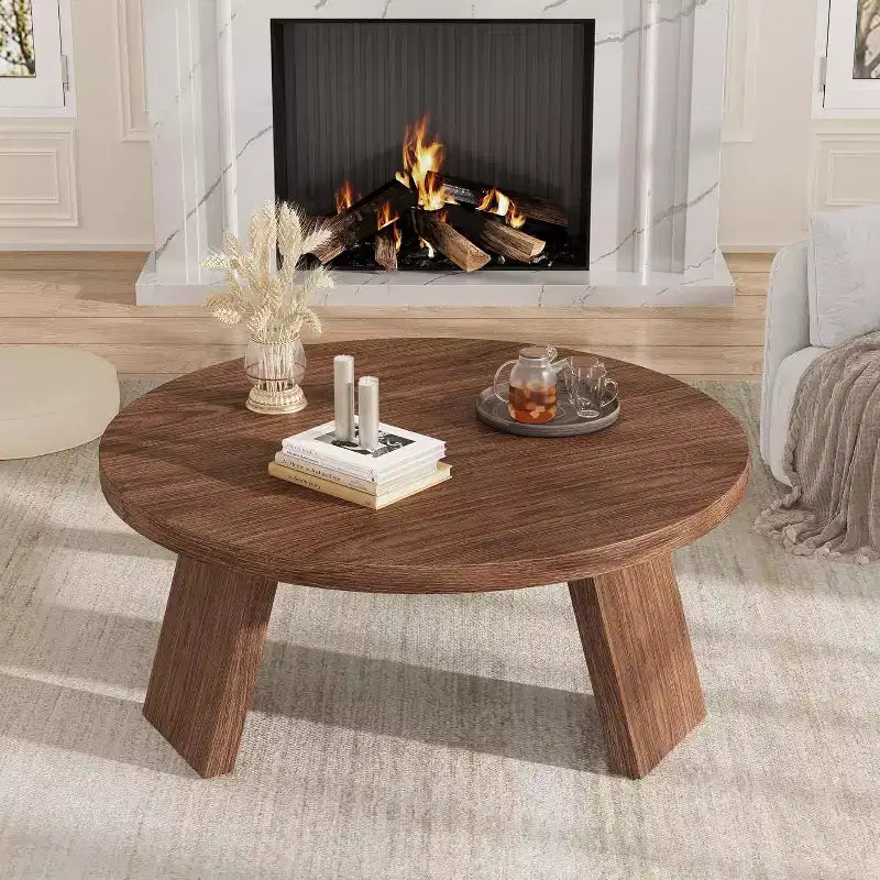Table basse ronde 33,5 avec pieds inclinés - Table d'appoint vintage aspect bois pour salon et chambre