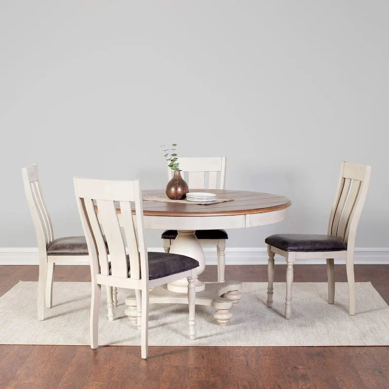Ensemble de salle à manger Roundhill Furniture Arch en chêne vieilli : table ronde, quatre chaises
