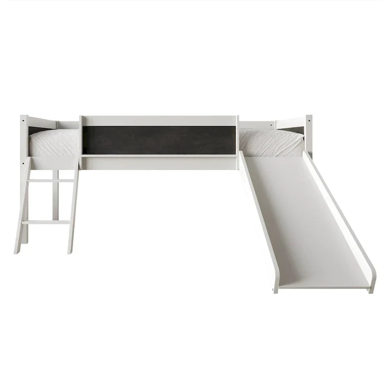 Lit mezzanine bas classique double CraftPorch avec tableau noir, toboggan et échelle