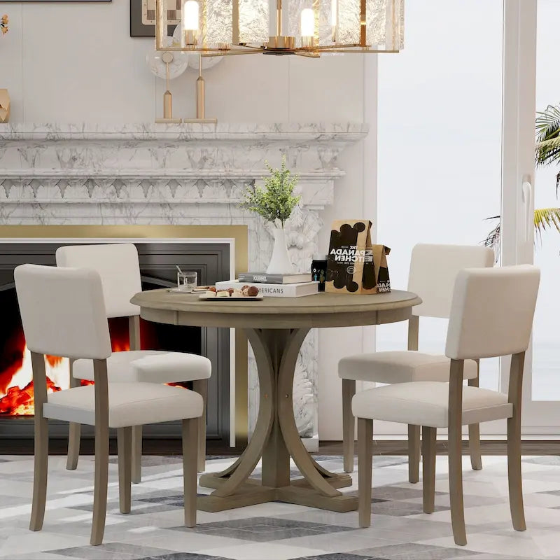 Ensemble de salle à manger 5 pièces en bois taupe rétro avec table à tréteaux courbés et 4 chaises