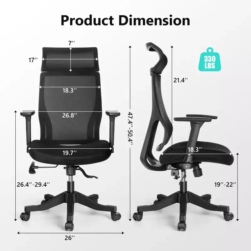 Chaise de bureau ergonomique en maille certifiée BIFMA avec coussin de 8,9 cm, support lombaire réglable, accoudoirs relevables, capacité de 150 kg
