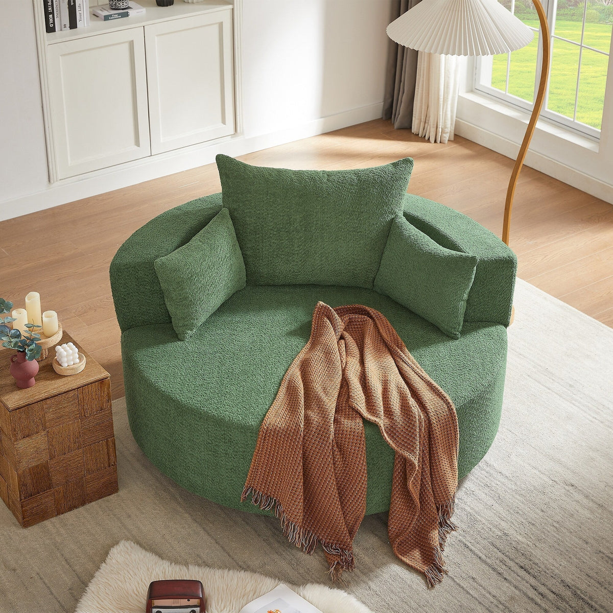 Fauteuil baril accent en chenille, Fauteuil de salon, Fauteuil rond avec base pivotante à 360 degrés et 3 coussins amovibles