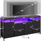 Commode noire de 160 cm pour chambre à coucher, commode à 10 tiroirs, meuble TV pour téléviseur de 65, 70, 75 pouces, commode en tissu avec lumières LED et prises de courant