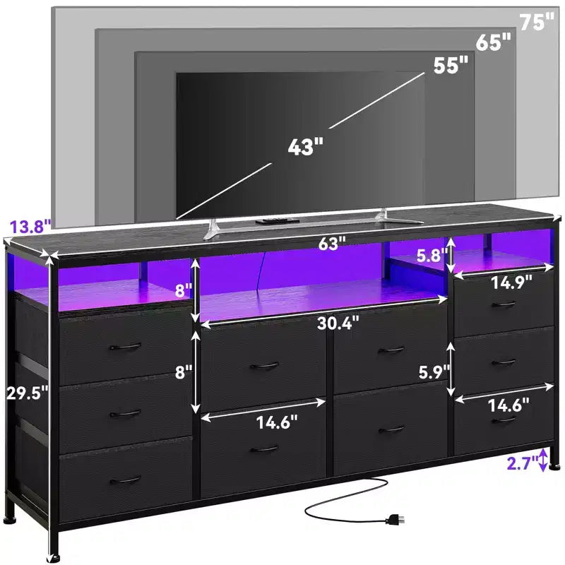 Commode noire de 160 cm pour chambre à coucher, commode à 10 tiroirs, meuble TV pour téléviseur de 65, 70, 75 pouces, commode en tissu avec lumières LED et prises de courant