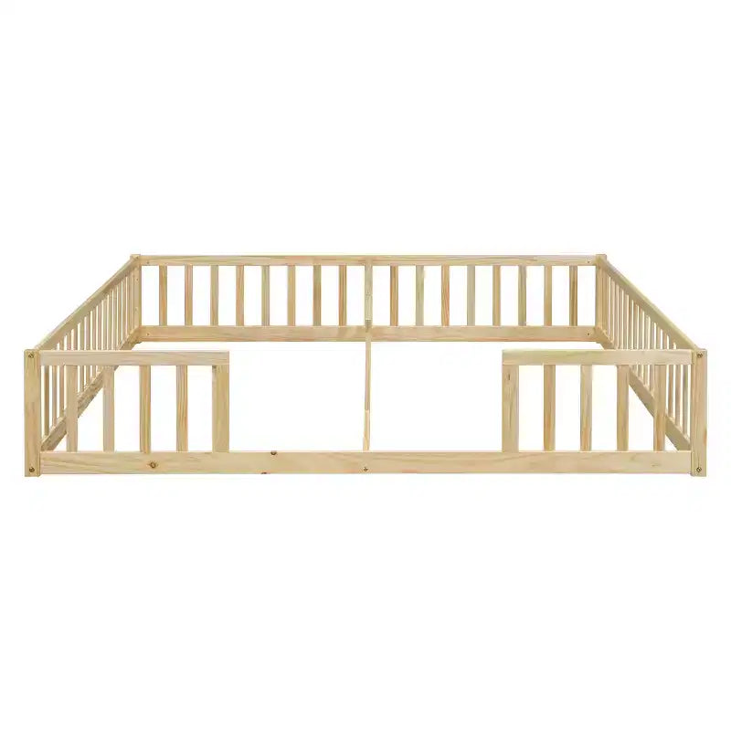 Lit double Bellemave avec barrières de sécurité, en pin et bois composite, naturel et gris, sûr, robuste, peu encombrant, assemblage facile pour enfants