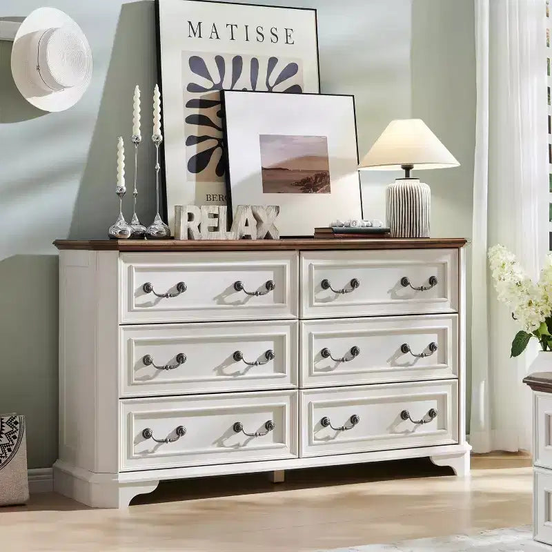 Commode à 6 tiroirs SinCiDo pour chambre à coucher, commode rustique en bois de style ferme, commode vintage de 54 po de largeur pour salon