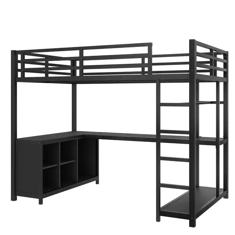Lit mezzanine en métal Queen Bellemave avec bureau en L et armoire, lit mezzanine peu encombrant avec étagères de rangement et garde-corps, noir