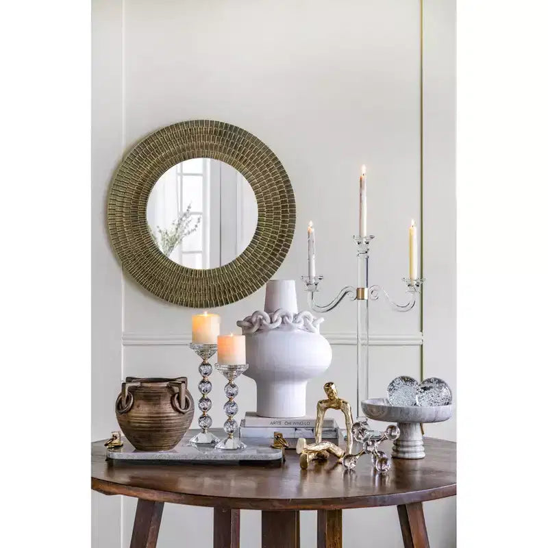 Miroir Mural Rond en Bois Or et Noir de 75 cm avec Texture Tressée